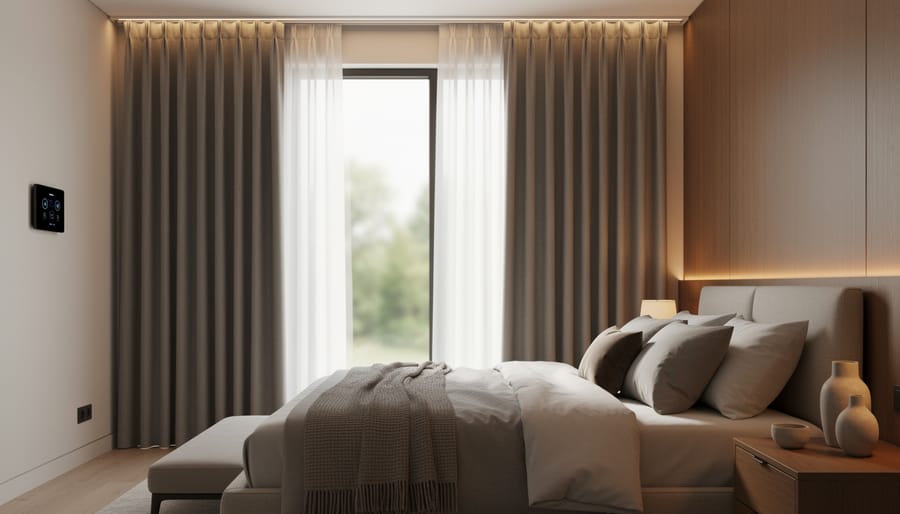 Smart motorized curtains with integrated light sensors adjusting to optimize natural sunlight in modern bedroom