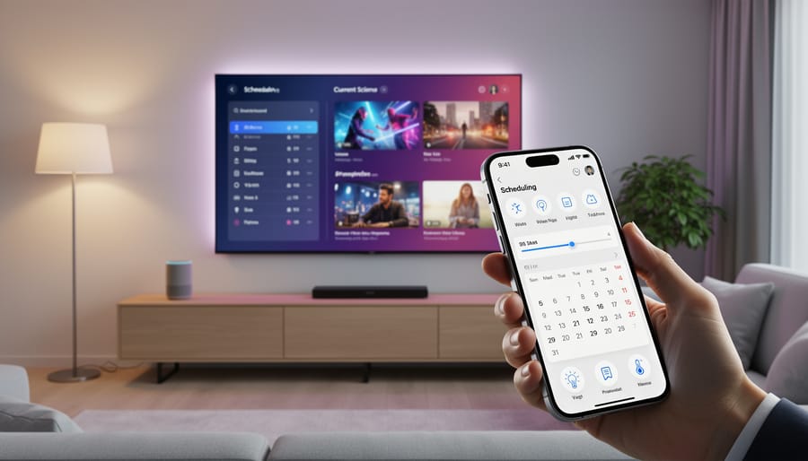 Person using smartphone app to control and customize digital wall display content