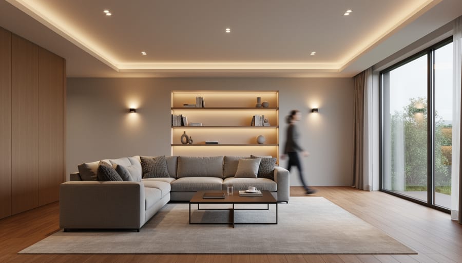 Modern smart ceiling light fixture with integrated sensors in contemporary living room setting