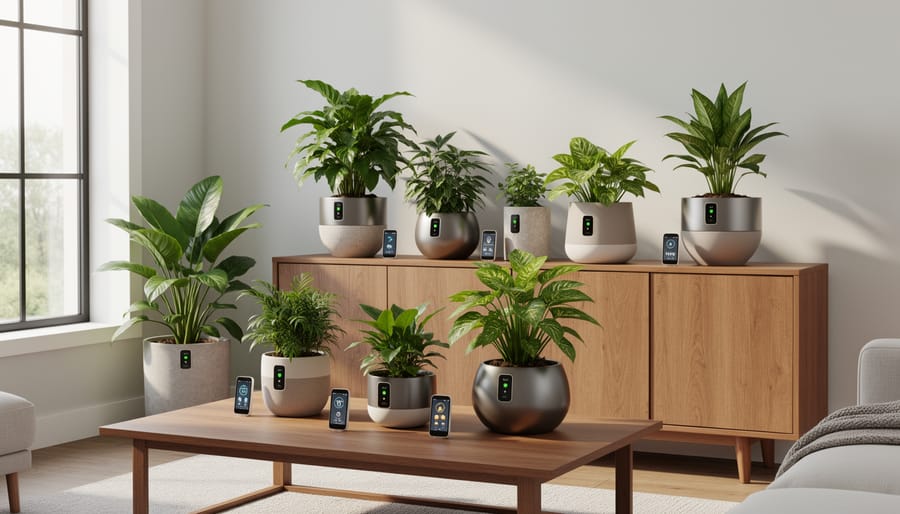 White ceramic smart planter with healthy green plant and integrated soil sensors