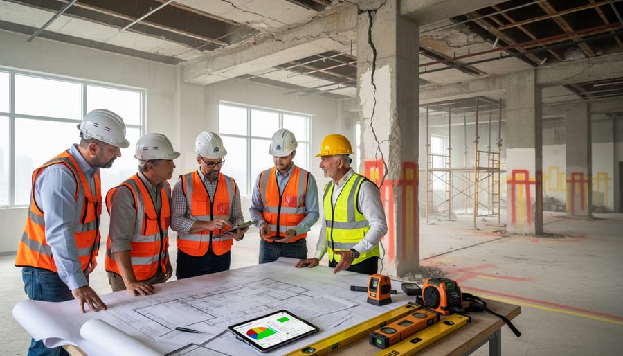 Construction professional measuring wall studs with exposed plumbing and electrical systems