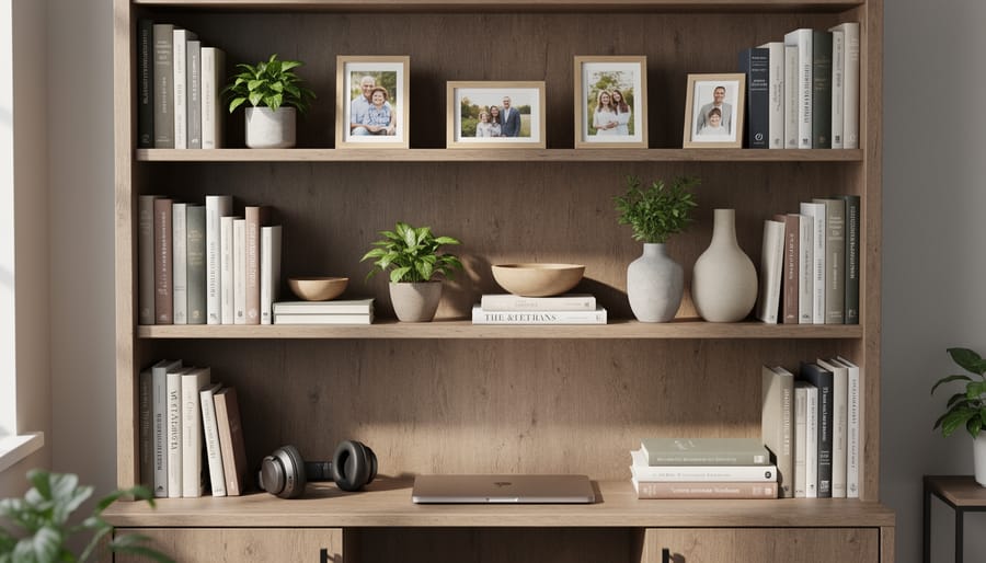 Professionally styled bookshelf backdrop with books, plants and minimal decor for video conferencing