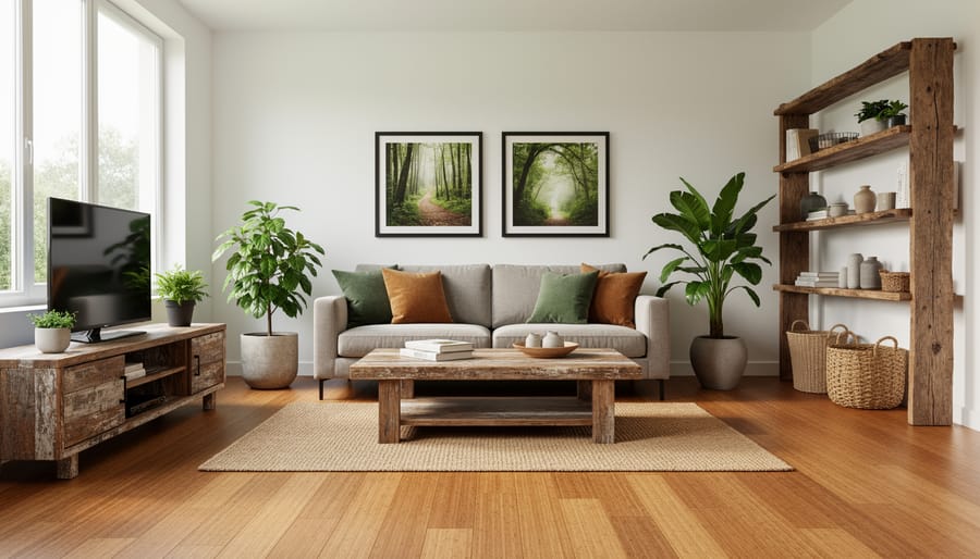 Modern living room with bamboo flooring and reclaimed wood coffee table