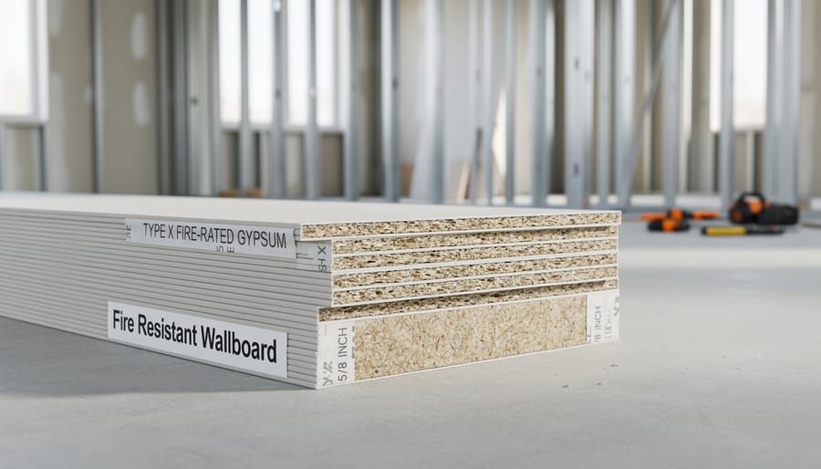 Close-up of Type X fire-rated drywall sheet showing edge and colored backing paper