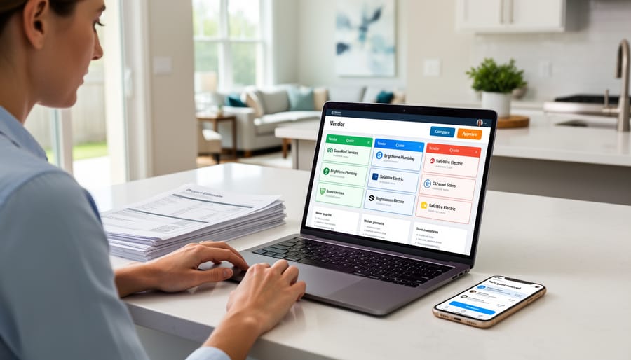 Homeowner reviewing vendor quotes on smartphone during kitchen renovation with contractors in background