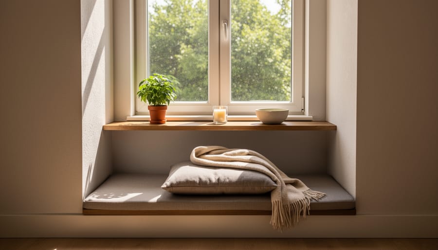 Cozy window seat meditation corner with cushions, plants, and personal meaningful objects