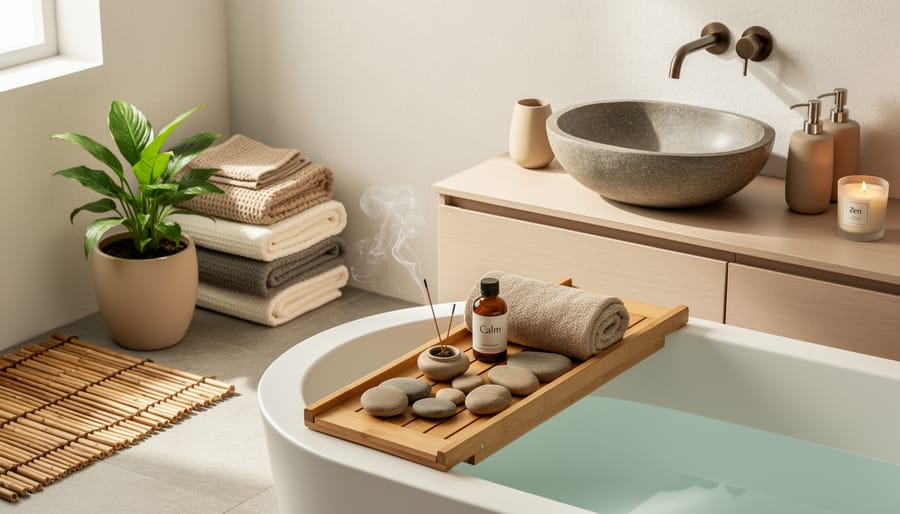 Zen bathroom vanity with coordinated earth-tone accessories in beige, gray, and brown