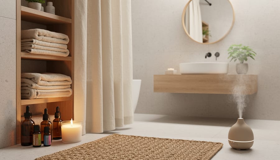 Rolled organic cotton towels and essential oil diffuser on minimalist bathroom shelf
