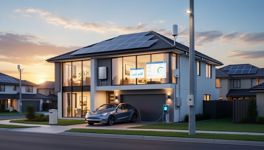 Contemporary home exterior with 5G antenna and solar panels at dusk