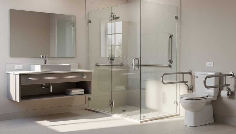 Modern accessible bathroom with stylish grab bars and roll-under vanity