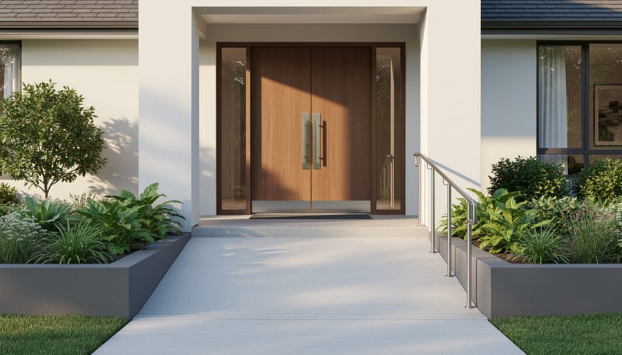 Contemporary home entrance with accessible ramp and lever-style door handle
