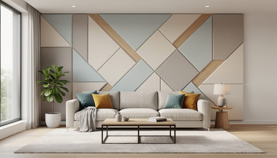 Modern living room featuring fabric-wrapped acoustic wall panels integrated with decor