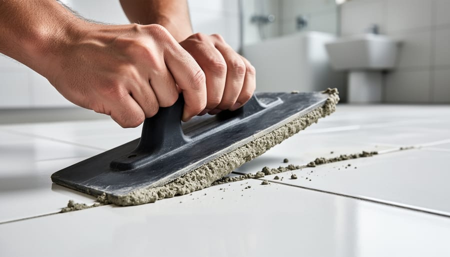 Close-up of grout float applying grout between white subway tiles on backsplash