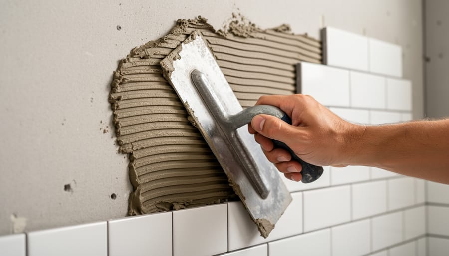 Close-up of hands using notched trowel to apply tile adhesive to kitchen wall