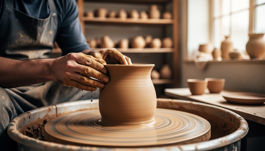 Potter's hands shaping wet clay on spinning pottery wheel in artisan workshop