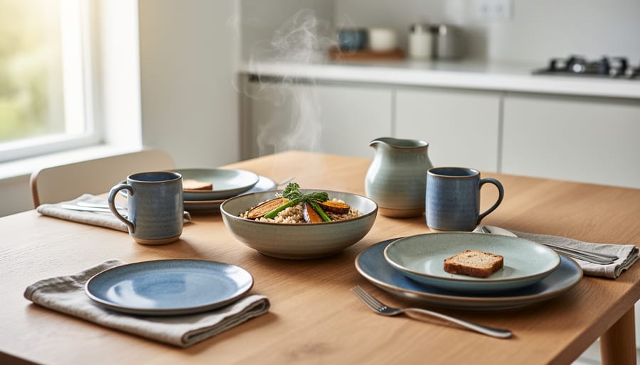 Overhead view of dining table with handcrafted ceramic bowls, plates, and herb planter