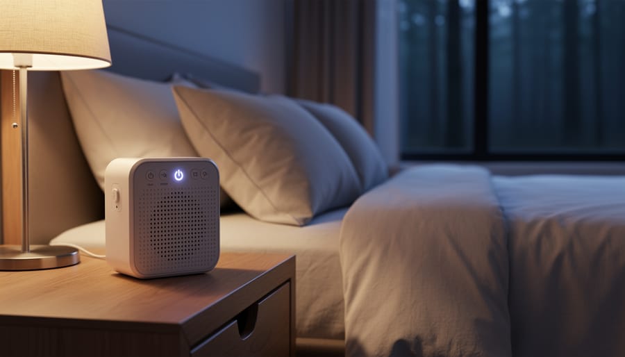 Bedroom nightstand with sound machine beside sleeping person in peaceful setting