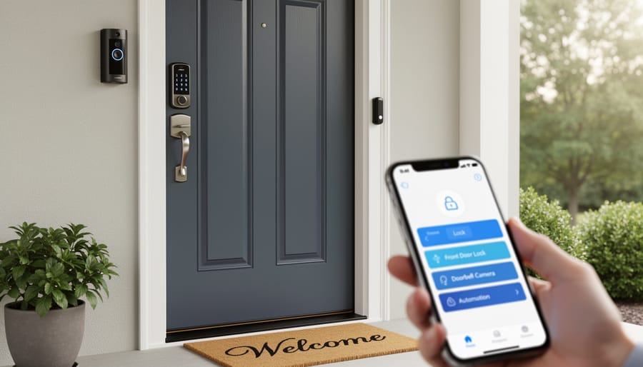 Smart entry system components including lock, video doorbell, and sensors arranged together