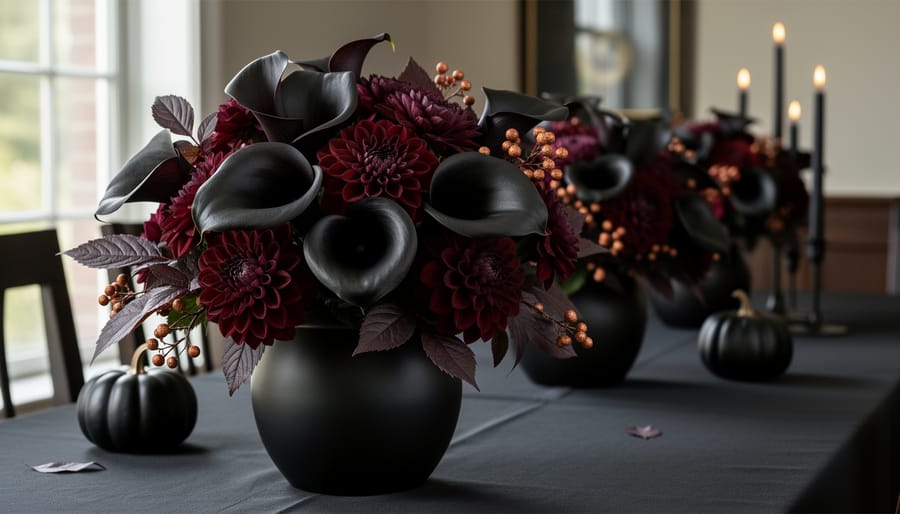 Elegant arrangement of black calla lilies and dark burgundy dahlias in black vase