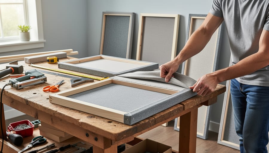 Overhead view of person assembling homemade acoustic panel with fabric and foam materials