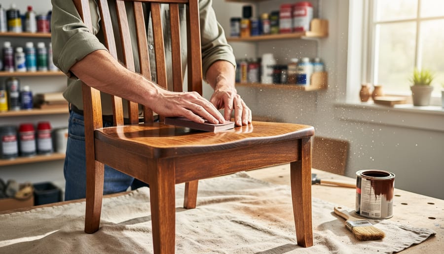 Person applying wood stain to repair scratched furniture in home workshop