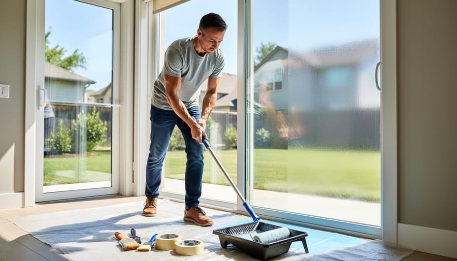 Person applying low-emissivity coating to interior wall with paint roller