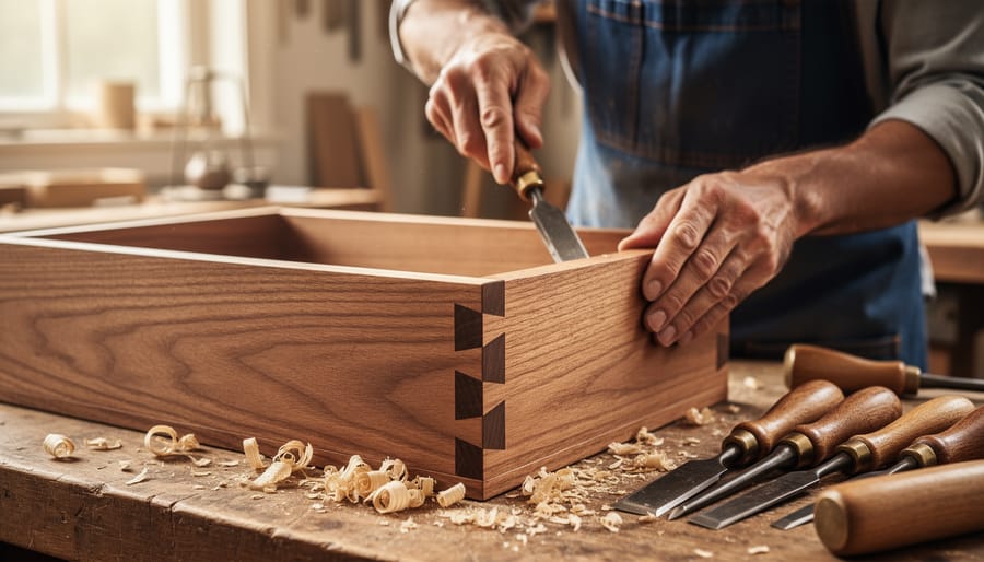 Close-up of craftsman's hands working on dovetail joint in solid wood furniture