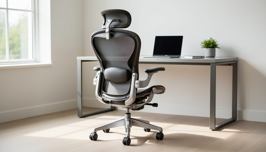 Ergonomic office chair with mesh back and lumbar support at home workspace desk