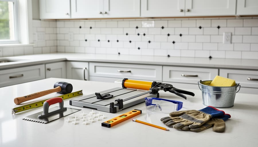 Essential tile installation tools including trowel, spacers, level, and grout float arranged on countertop