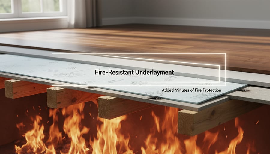 Cross-section view of flooring layers showing fire-resistant underlayment beneath hardwood