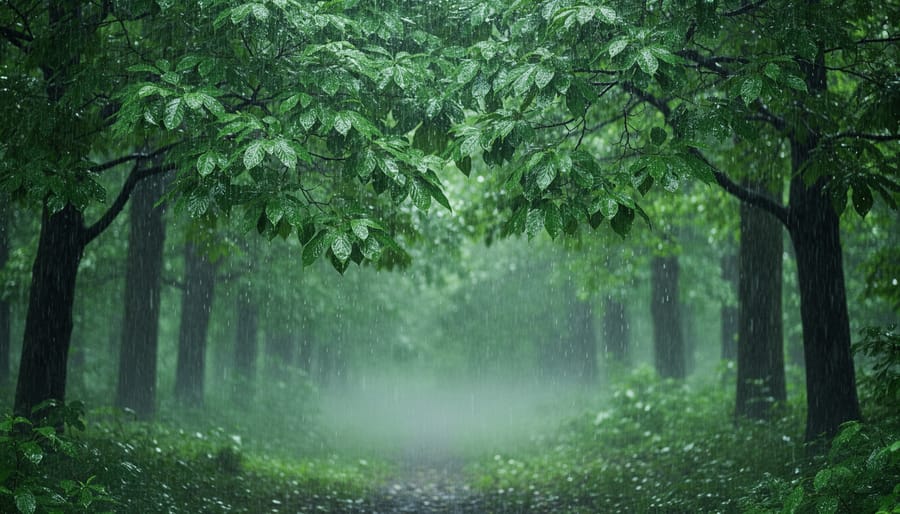 Rainfall through forest canopy with water droplets on green leaves