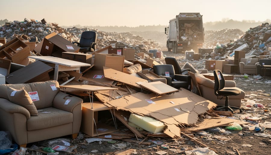 Broken furniture pieces including particle board and laminate items piled in landfill