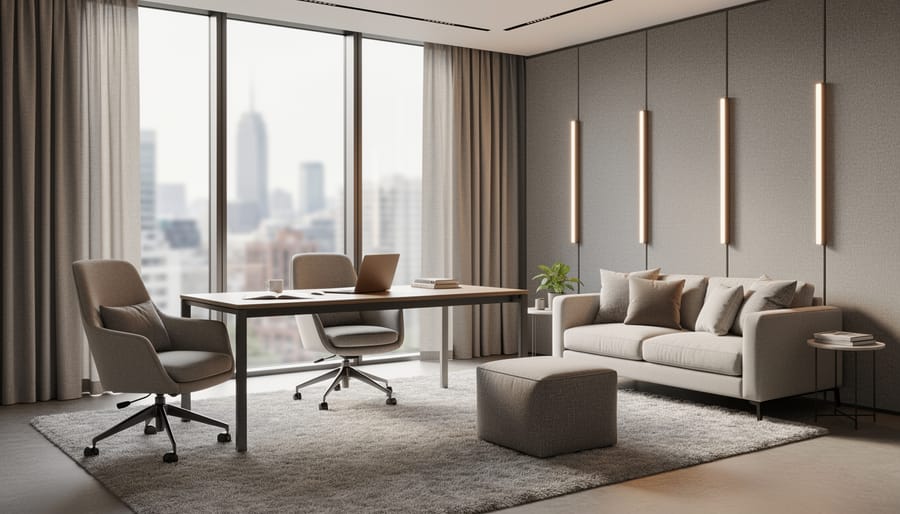Home office with multiple acoustic-friendly soft furnishings including curtains, rug, and upholstered chair