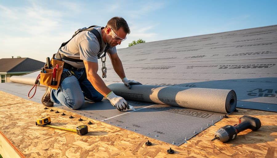 Contractor installing fire-resistant gypsum underlayment board with power tools