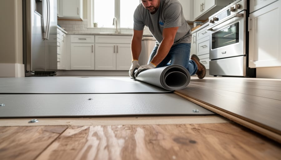 Kitchen floor installation showing cement board underlayment beneath ceramic tiles