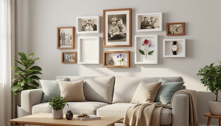 Gallery wall of vintage family photos in ornate frames with antique memorabilia and heirlooms