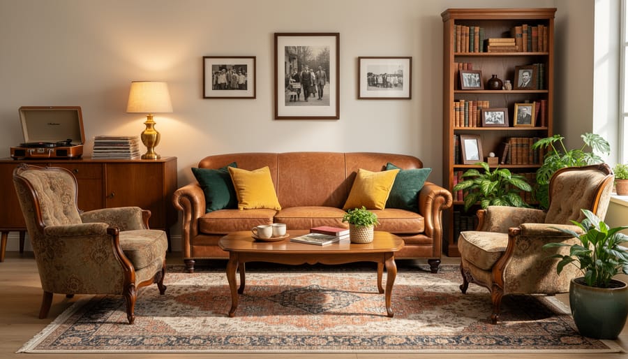 Cozy living room with vintage 1970s orange velvet sofa, mid-century coffee table, and retro lighting
