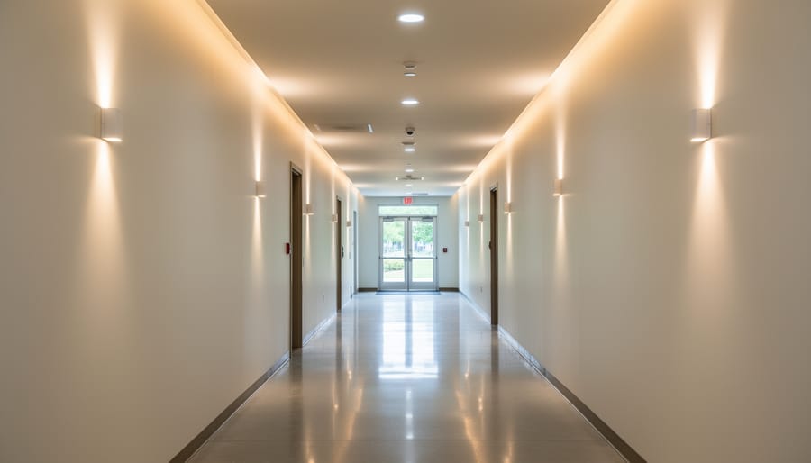 Well-lit facility hallway with modern layered lighting system and wall accents