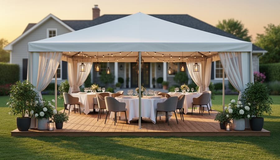 White frame tent with clear windows covering outdoor dining space in landscaped backyard