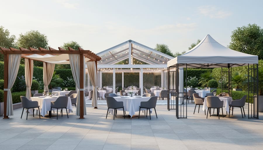 Comparison view of various outdoor restaurant tent types including pop-up, frame, clear-top, and pergola styles