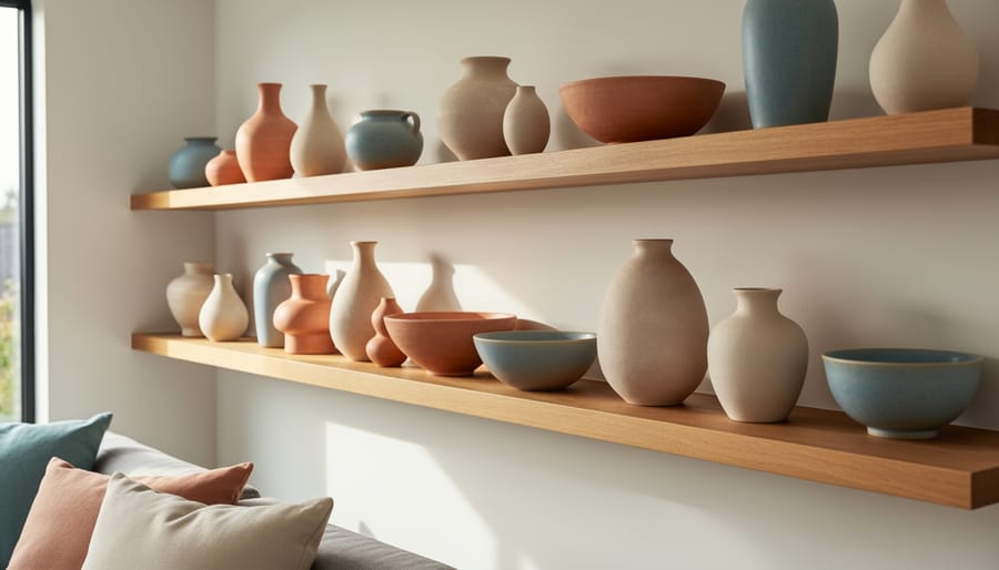 Floating shelf displaying collection of handcrafted ceramic vases and bowls in earth tones