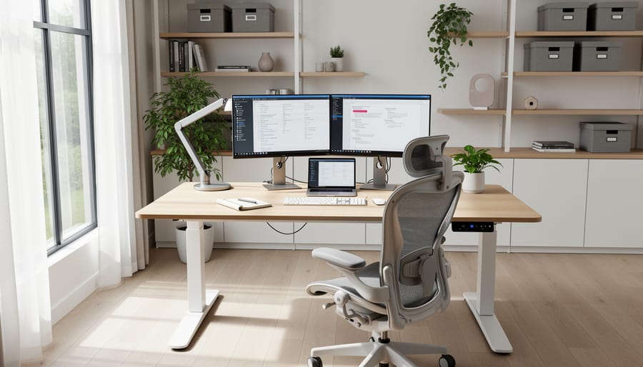 Modern home work room with ergonomic desk setup, natural lighting, and organized storage solutions