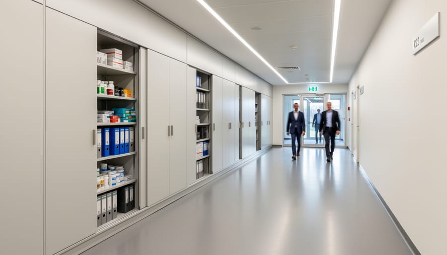 Modern facility hallway with built-in recessed wall storage and display cases