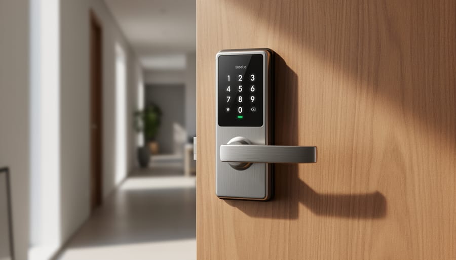 Smart deadbolt lock with keypad installed on contemporary front door