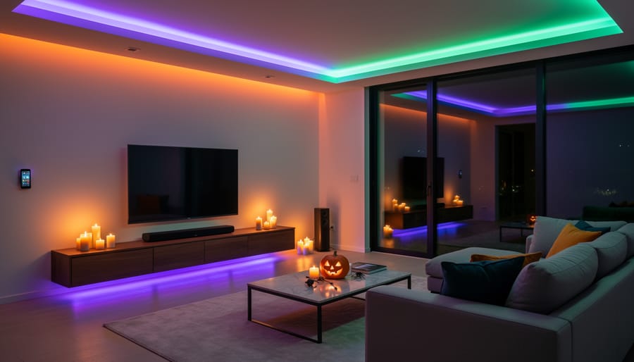 Modern living room with smart LED lighting creating purple and orange Halloween atmosphere