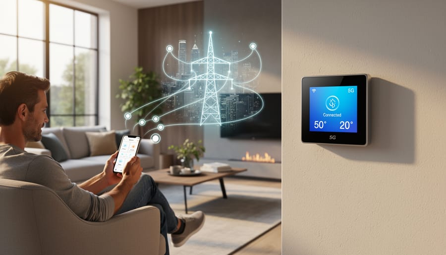 Hand adjusting smart thermostat on wall in modern home interior