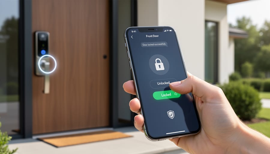 Person using smartphone app to control smart entry system at front door