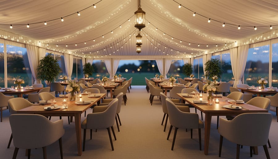 Elegantly decorated outdoor dining table under tent with string lights and formal place settings