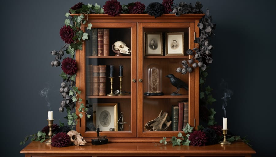 Victorian curiosity cabinet with vintage apothecary jars, brass frames, and dried botanical specimens