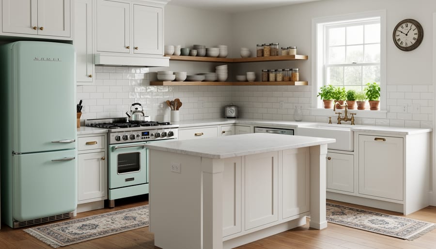 Retro-style kitchen with mint green vintage refrigerator, white subway tiles, and butcher block counters
